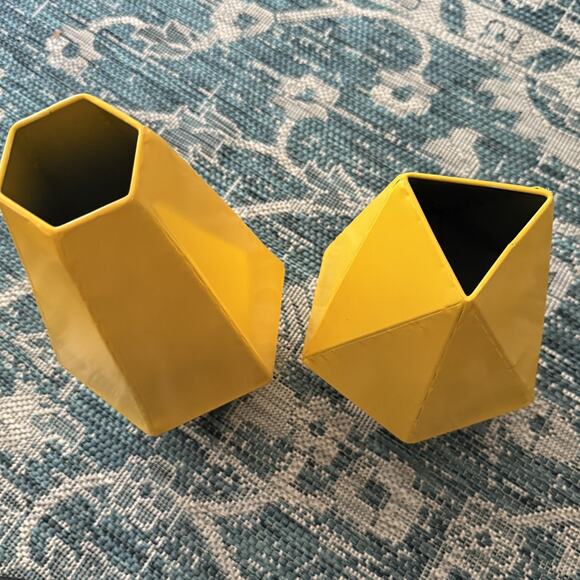 Modern Yellow Geometric Metal Vases Set of 2 Decorative Faceted Home Decor - Picture 2 of 6